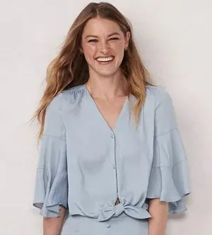 Women’s Lauren Conrad Blue Flared Sleeve Button Down Blouse business casual thumbnail 1