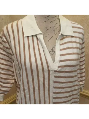Aaeda Polo Collar Stripe Sweater Gold Metallic short sleeves Sz XL thumbnail 4
