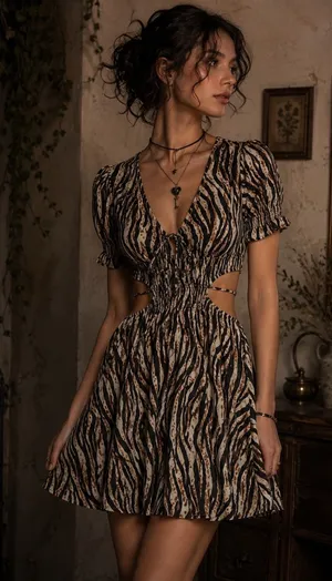 Speed Limit MPH Animal Print Smocked‎ Mini Dress Womens Small Puff Sleeve thumbnail 1