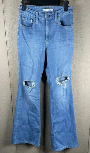 Levi's 726 High Rise Flare Jeans Womens 26 Blue Distressed Ripped Denim Stretch thumbnail 1