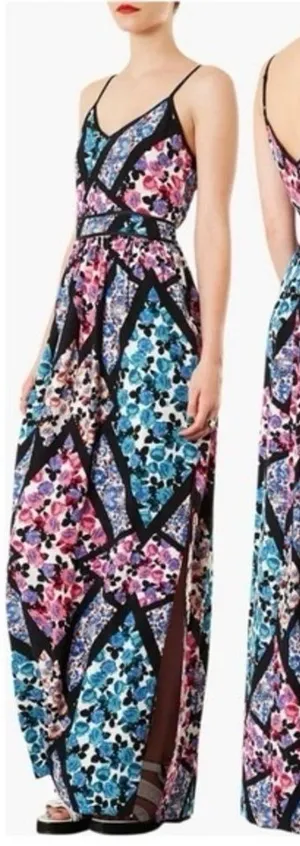 Topshop Blue Pink Purple Floral Flowy Maxi Dress w/ Slit Women’s Size 4 thumbnail 1
