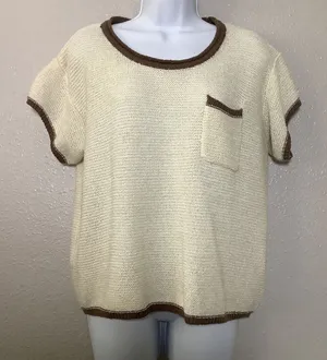 Listicle‎ Cream Brown Knit Casual Boho Chic Oversized Slouchy Short Sleeve Top L thumbnail 1
