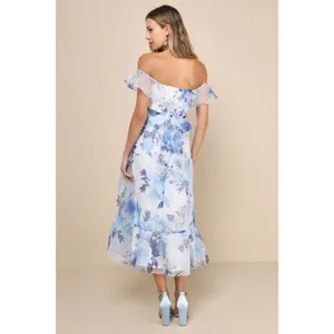 NWT Lulus Sweet Composure White Floral Organza Off-the-Shoulder Midi Dress XXL thumbnail 3