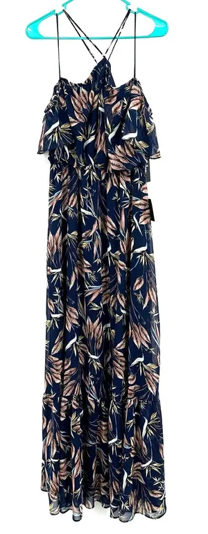 NWT Lulus size small blue floral maxi dress tiered‎ strappy halter like top thumbnail 1