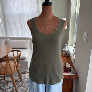 2007 Express Basic V Neck Metallic Trim Green Ribbed Tank Top 100% Cotton Small‎ thumbnail 2