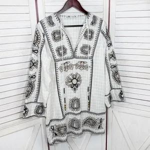 Zara Boho Embroidered Textured Cotton Tunic Shift Mini Dress White Tan Black XS‎ thumbnail 9