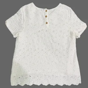 Cottagecore 100% Cotton Women White Eyelet Top XS Lace Scalloped Hem Button Back thumbnail 2