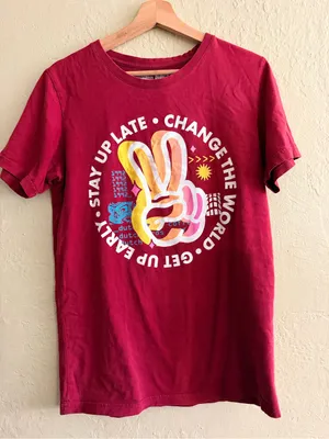 Dutch Bros Burgundy Short Sleeve Tee with Multicolor Peace Hand thumbnail 1