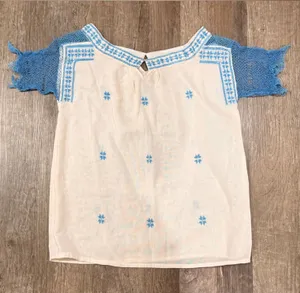 Vintage Embroidered White Cotton Top with Sky Blue Accents thumbnail 1