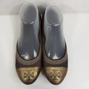 Tory Burch Sz 8.5 Gabby Ballet Flats Gun Metal Leather Gold‎ Cap Toe Logo Shoes thumbnail 5