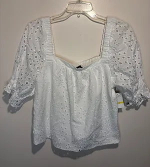 1.State NWT White Eyelet Puff Sleeve Square Neck Crop Delicate Blouse Top SZ M thumbnail 1