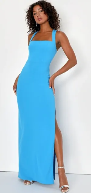 NWT Lulus Glamorous Dedication Blue Sleeveless Column Maxi Dress Wedding Size L thumbnail 1