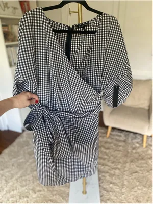 Elliott & Vine 1X Gingham Wrap Dress Cottagecore Puff Sleeves Belted Black White thumbnail 2