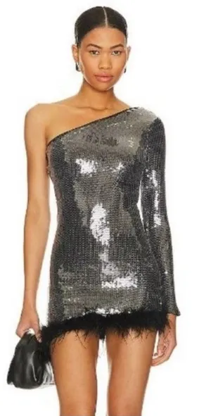 NWT Superdown Revolve Cecelia One Shoulder Sequin Feathers Mini Dress Formal thumbnail 1