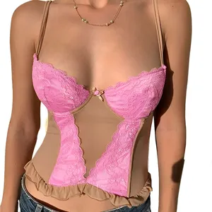 Womens Coquette Y2K‎ Sweetheart Neck Ruffled Sheer Mesh Lace Cami Corset Top L thumbnail 1