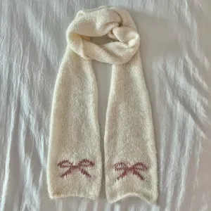 handmade knitted scarf with bow design! Tan thumbnail 1