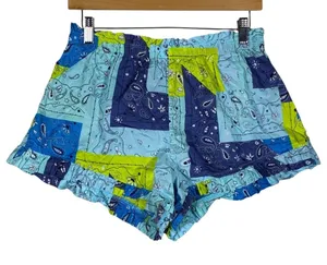 Aerie Bandana Patchwork Ruffle Hem Pajama Shorts Blue Green Boho Size M thumbnail 1