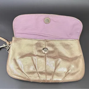 COACH Champagne Gold Shimmer Metallic Pleated Leather Wristlet Wallet thumbnail 3