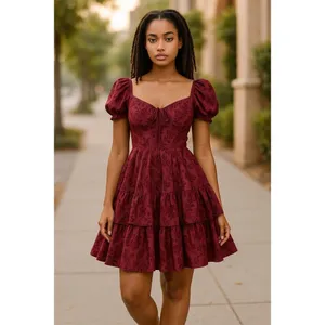 City Vibe Dress Velvet Floral Sweetheart Neck Puff Sleeve Tiered Maroon Size‎ 0 thumbnail 5