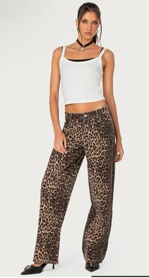 Edikted Wide Leg Leopard Denim Jeans Size Small / 29 Like New thumbnail 1