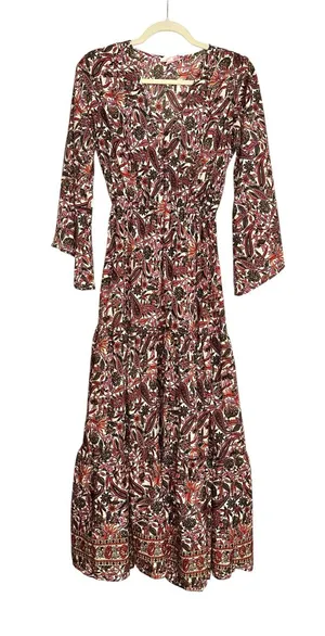 Anthropologie Boemo Boho Floral Paisley Print Bell Sleeve Tiered Maxi Dress S thumbnail 1