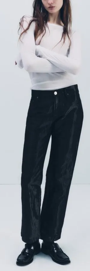 Zara Nwt Satin Effect Shiny Metallic Mid Waist Straight Leg Pants 4 thumbnail 11