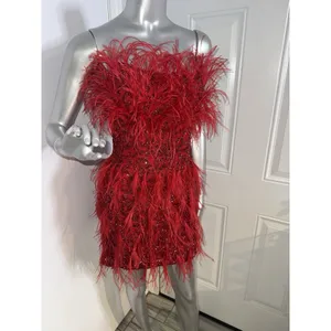 ASHLEYlauren 4615 Red Beaded Feather Cocktail Dress Strapless 2 Pageant Prom thumbnail 5