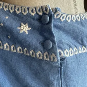 Vintage 100% Linen Skirt Sz 12 Artisan Embroidered Beaded Blue Cottage Boho Folk thumbnail 9