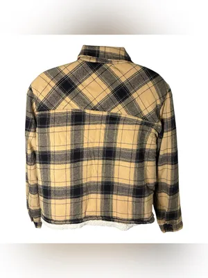 Lucky Brand Plaid Flannel Shacket Sherpa Lined Snap Front Tan Black Gray M thumbnail 7