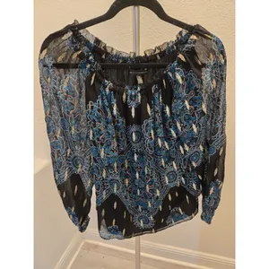 White House Black Market Womens M Blouse Royal Blue Paisley Metallic Boho thumbnail 2