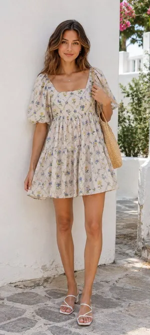 Jacquie the Label Capri Mini Dress Floral Puff Sleeve Babydoll Mini Dress Boho thumbnail 1