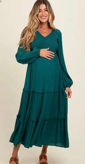 Pinkblush Emerald Smocked Tiered Maternity Midi Dress thumbnail 1
