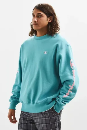 Urban Outfitters Champion Teal Pink Script Logo Crewneck Sweatshirt thumbnail 1