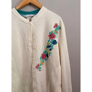 Blair Womens Crewneck Sweatshirt‎ Ivory Floral Embroidered Trim Size Large thumbnail 2