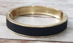 Vintage Bracelet / Bangle - Sparkly Black & Gold Tone Hinged Bangle thumbnail 1