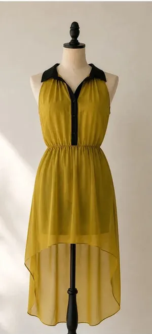 Sage Mustard High-Low Chiffon Dress | Black Trim | Sleeveless | Small thumbnail 1
