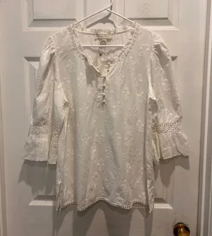 Payal Jain Anthropologie‎ Ivory Embroidered Eyelet Cotton Blouse NWT Large Boho thumbnail 1