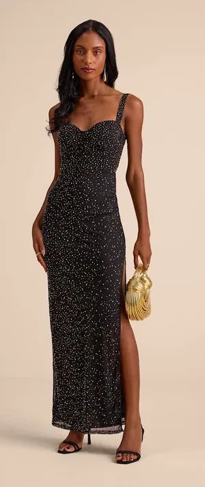 NWT Lulus A-Lister Black Rhinestone Bustier Maxi Dress Glam Cocktail Party Sz S thumbnail 1