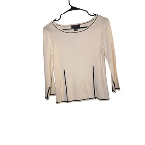 Pointelle White Black Trim Long Sleeve Dressy Formal Blouse Women Sz S thumbnail 4
