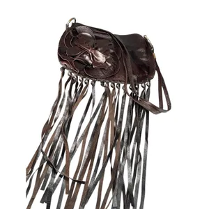 Brown leather bag fringe appliqué Whimsigoth Boho Chic Western Cowgirl Purse thumbnail 2