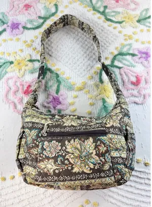 Quilted vtg‎ Floral Paisley Cotton Shoulder Bag Brown Hobo Purse Zippered Pocket thumbnail 1