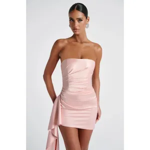 NWT Babyboo Leoni Blush Pink Satin Ruched Strapless Mini Dress Womens Size XS thumbnail 6