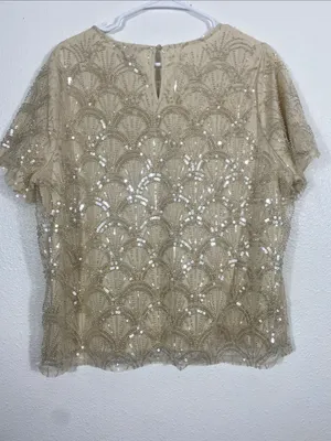 NWT Adrianna Papell Sequin Blouse Top Champagne L thumbnail 5