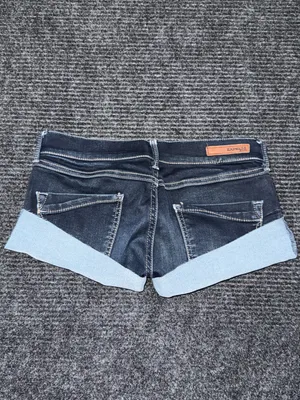 Vintage y2k Express Low Rise Micro Mini Jean Booty Shorts Dark Wash Sz 0 / 27” thumbnail 2