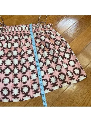 LOFT Geometric Print Linen blend Smocked Swing Tank Top Pink White Brown Size L thumbnail 6