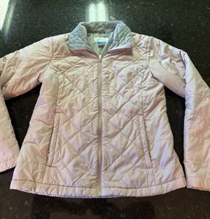 Columbia Women's Coat Jacket Sz M Pink Gray Puffer Quilted Full Zip Pockets thumbnail 1