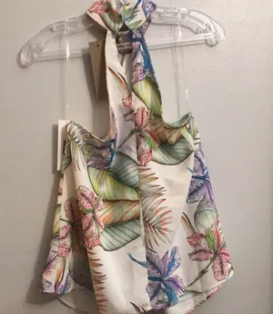 New- Medium off-white floral crêpe high neck halter top thumbnail 5