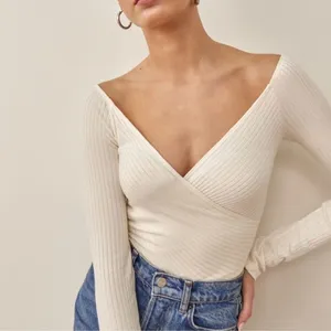 Reformation Minnie Ivory V-Neck Wrapped Knit Long Sleeve Ribbed Sweater Top XS thumbnail 8