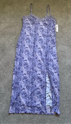 No Boundaries Lace Maxi Mesh Dress Blue Size L (12-14) Floral Side Slit NWT thumbnail 1