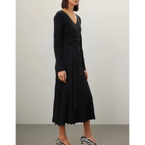 Area Stars Black Knit Midi Wrap Dress XS Pleated Fit Flare Career Designer $175 thumbnail 2